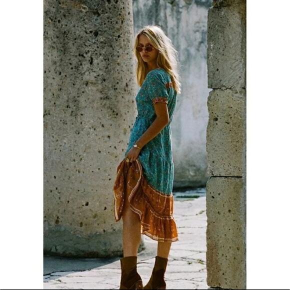 Button up lightweight tiered midi cover up dress colorblock floral multicolor - Picture 6 of 16